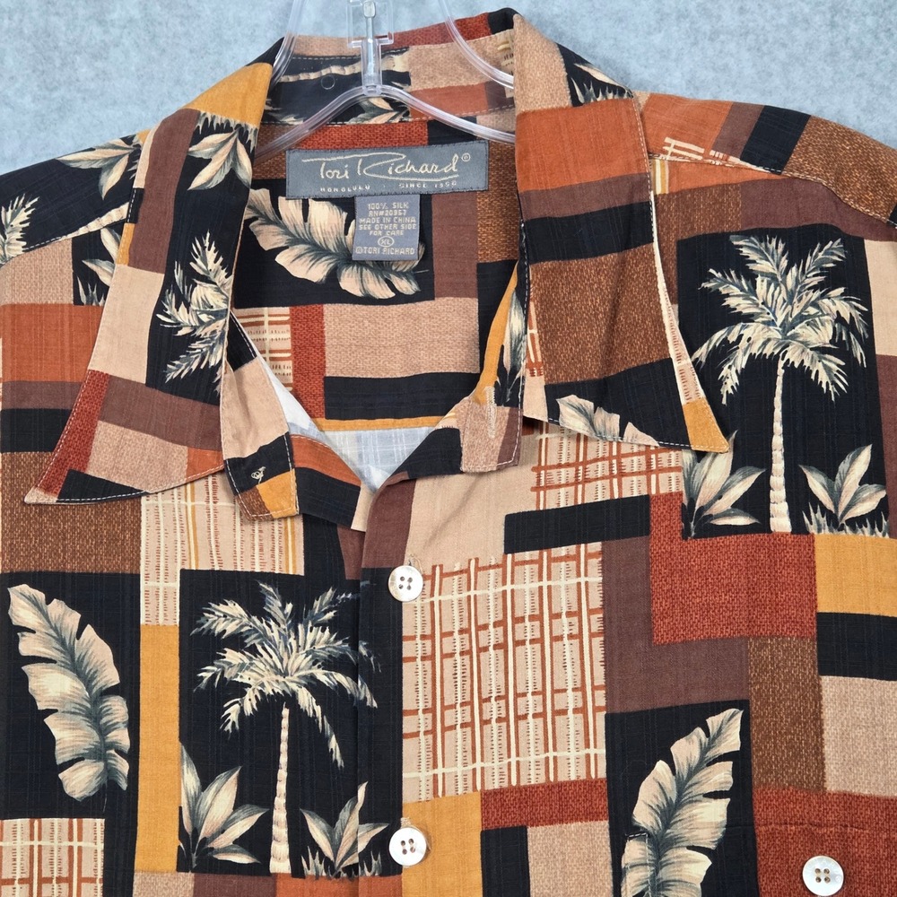 Tori Richard Men XL Hawaiian Button Down Shirt Silk Tropical Patchwork Mod Block